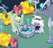 two cartoon characters are sitting at a table with flowers and skeletons