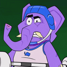 a cartoon elephant wearing a blue helmet and a white shirt with an elephant on it