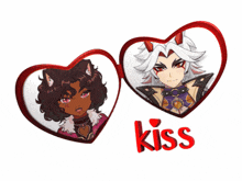 two hearts with a girl and a boy inside of them and the word kiss below them