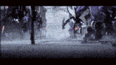 a group of robots are walking down a street with a sign that says ' i ' on it