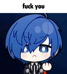 a cartoon of a person with blue hair and the words fuck you