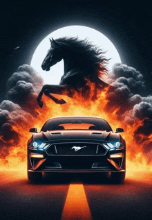 a black mustang is surrounded by flames with a horse in the background