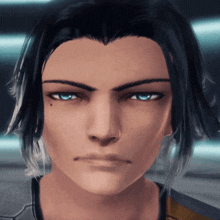 a close up of a man 's face with blue eyes and a black spot on his forehead