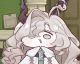 a cartoon character with long white hair and a tie is making a face .