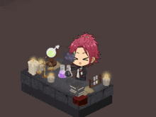 a cartoon character with red hair is sitting at a table with candles and beakers