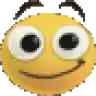 a pixel art of a yellow smiley face with big eyes and a smile .
