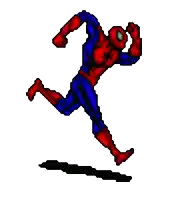 a pixel art of a spiderman running on a white background