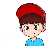 a boy wearing a red hat and a blue shirt is smiling