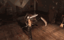 a spider is flying through the air with a sword in its hand