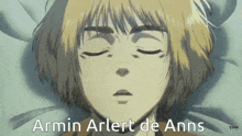 a cartoon of armin arlert de anns laying in bed with his eyes closed