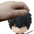 a hand is petting a cartoon character 's head with a knife .