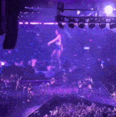 a group of people are standing on a stage with purple lights behind them