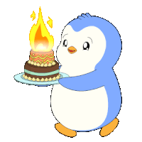 a penguin is holding a cake with a lit candle