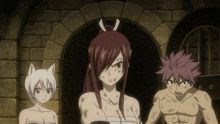 three anime characters are standing next to each other and one of them has a tattoo on her arm