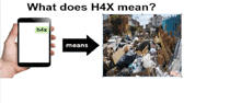 a hand holding a cell phone with the text what does h4x mean next to a picture of garbage
