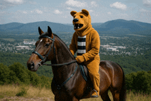 a person in a teddy bear costume is riding a brown horse