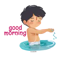 a cartoon illustration of a boy in the water with the words good morning written above him