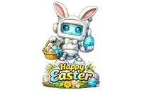 a robot bunny is holding a basket of easter eggs