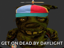 a picture of a cartoon character with the words get on dead by daylight above it