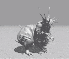a black and white drawing of a monster with horns and claws .
