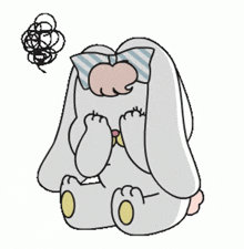 a cartoon rabbit with a bow on its head is covering its eyes .