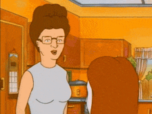 a cartoon of two women in a kitchen talking to each other