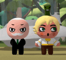 two cartoon characters are standing next to each other and one of them has a surprised look on his face