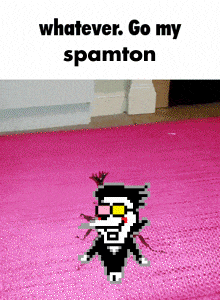 a pixel art of spamton standing on a pink rug with the caption " whatever go my spamton "
