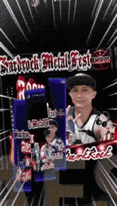 a poster for the sandrock metal fest shows a man in a baseball cap