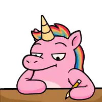 a pink unicorn with a rainbow mane is sitting at a table with a pencil
