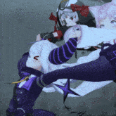 a cartoon character with a purple stripe on her arm is being held by another character