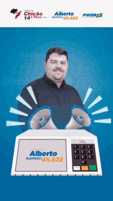 a man holding a megaphone in front of a ballot box that says alberto