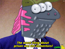 a cartoon of a man in a suit and tie says the worst thing about prison was the dementors